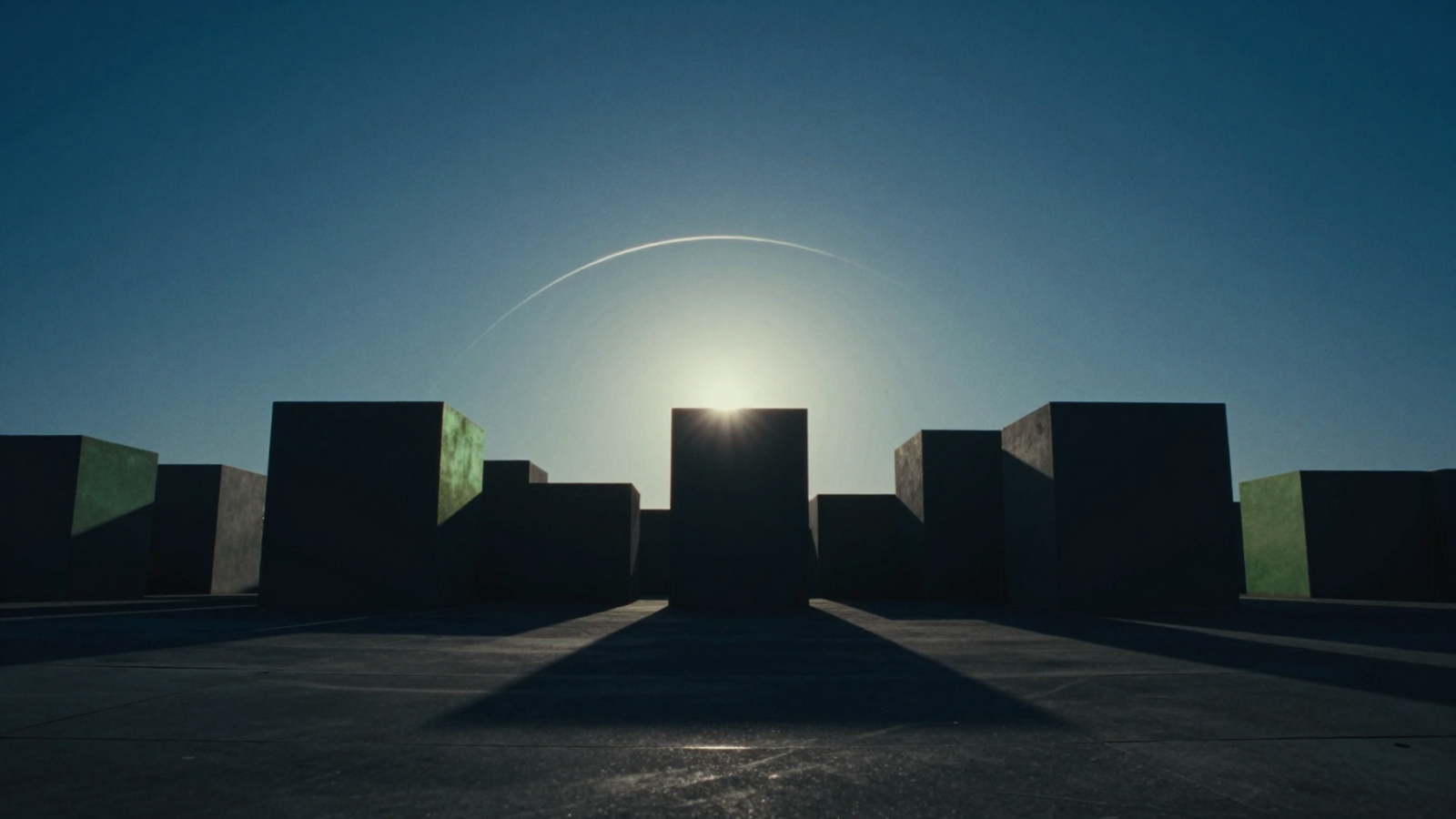Stylized illustration: an arc of sun positions across a dark sky casting a fan of overlapping shadows over abstract blocks.