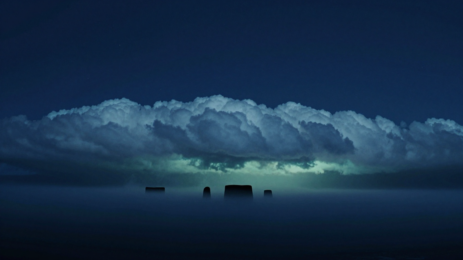 Stylized illustration: a low volumetric cloud deck lit from beneath by cold blue light above a dark abstract horizon.
