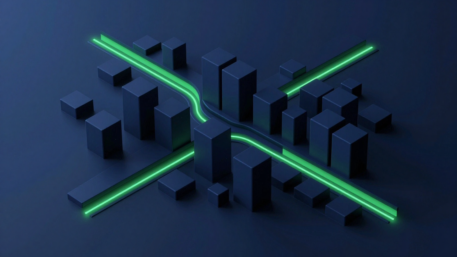 Stylized illustration: abstract extruded footprint blocks on a dark plane, threaded by glowing green ribbon lines.