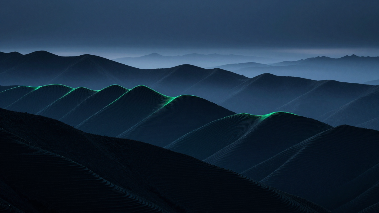 Stylized illustration: layered contour ridges receding into cold blue mist with faintly glowing crest lines.