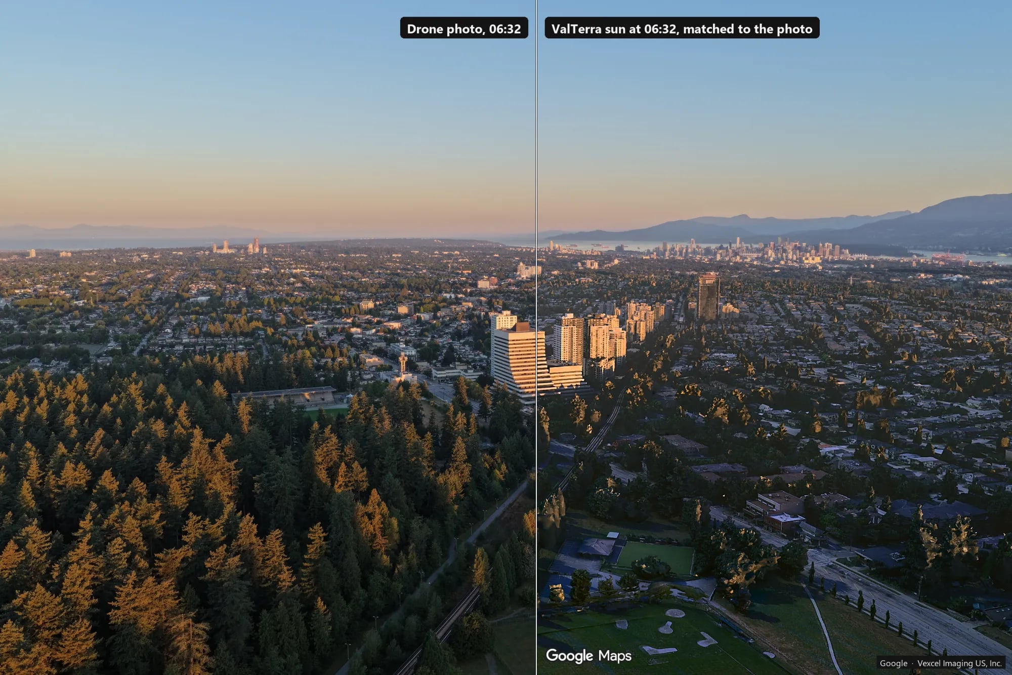 Early-morning aerial view over Metro Vancouver, split in two: the drone photo on the left, the imported 3D city rendered through the camera made from it on the right.