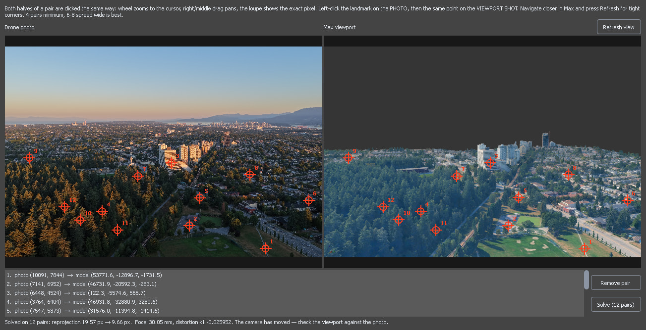 The Pixel-perfect refine window, with numbered matching points on the drone photo and on a shot of the Autodesk 3ds Max viewport showing the imported 3D city.