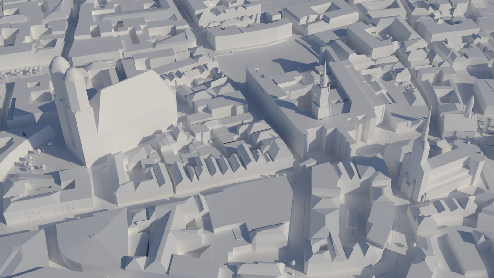 White block model of central Munich from OpenStreetMap in Autodesk 3ds Max: buildings, streets and ground in one white material, with the two towers of the Frauenkirche on the left and the Neues Rathaus tower in the middle.