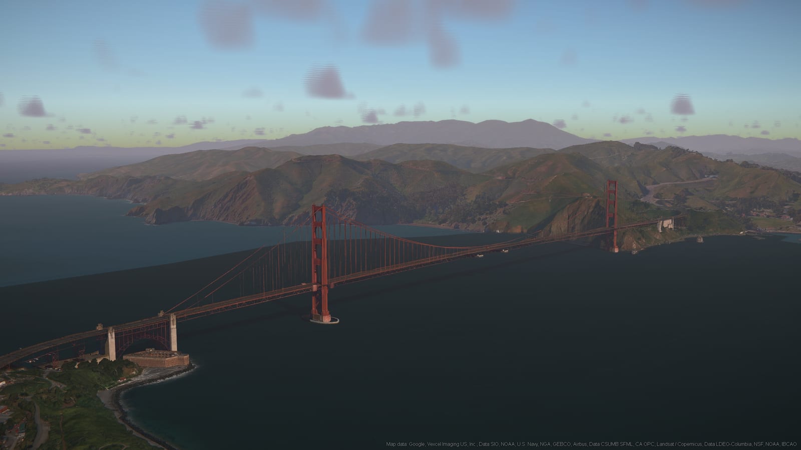 Sunrise over the Golden Gate on the Photo Studio globe, long shadows stretching across the hills.