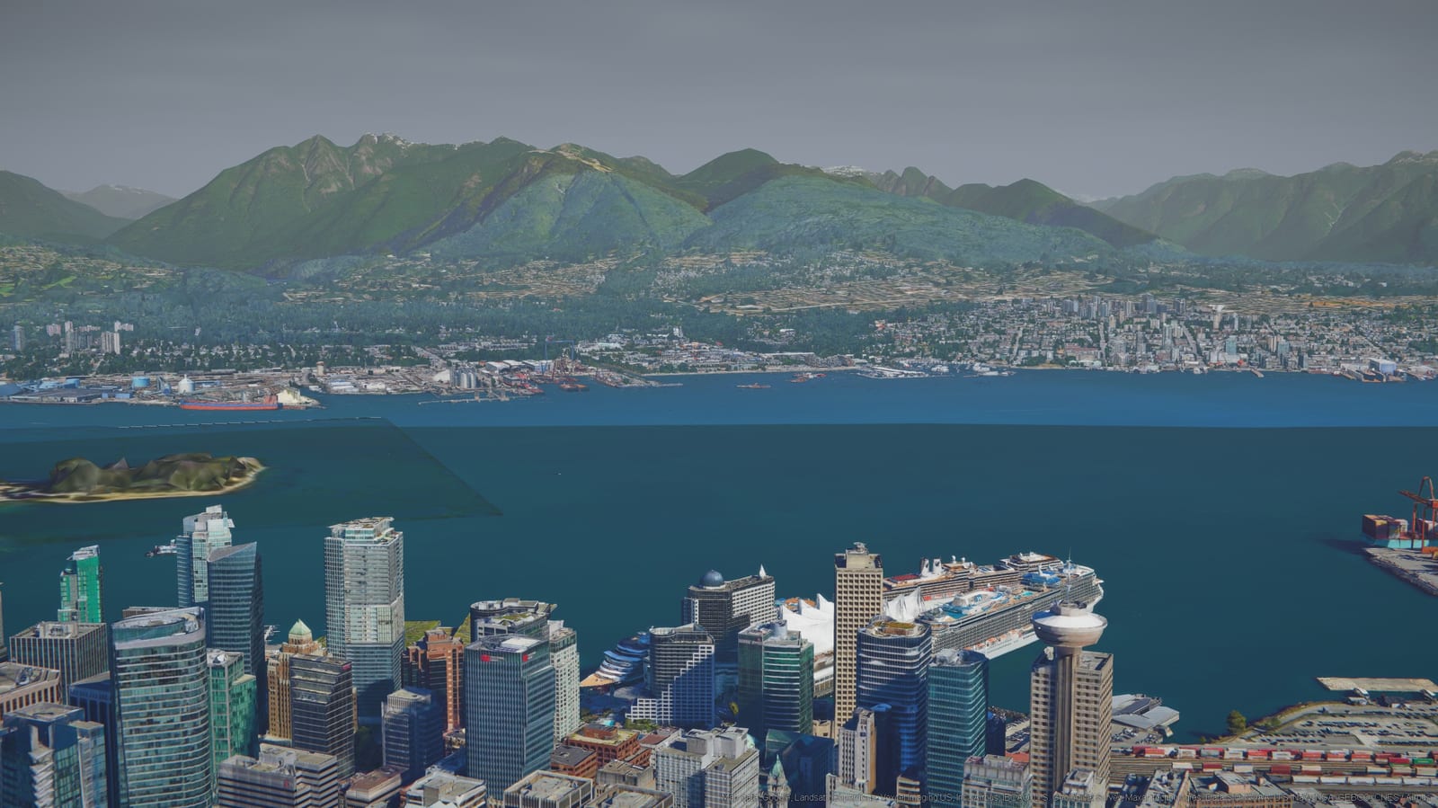 A volumetric overcast deck rolling in over Vancouver on the Photo Studio globe.