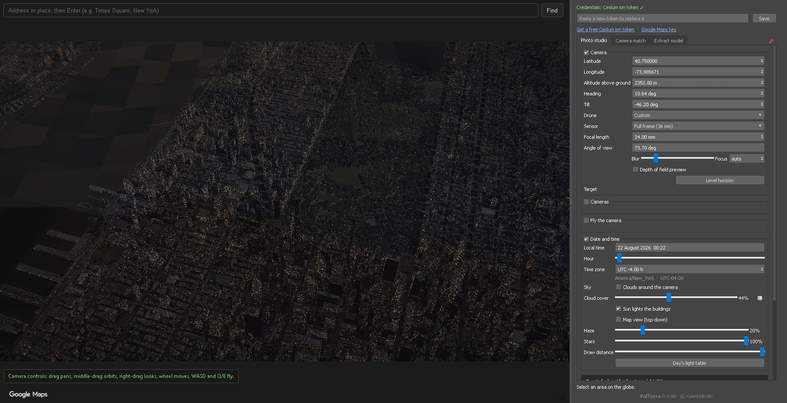The ValTerra panel on the Photo Studio tab: the globe on the left, camera, date and sky controls on the right.