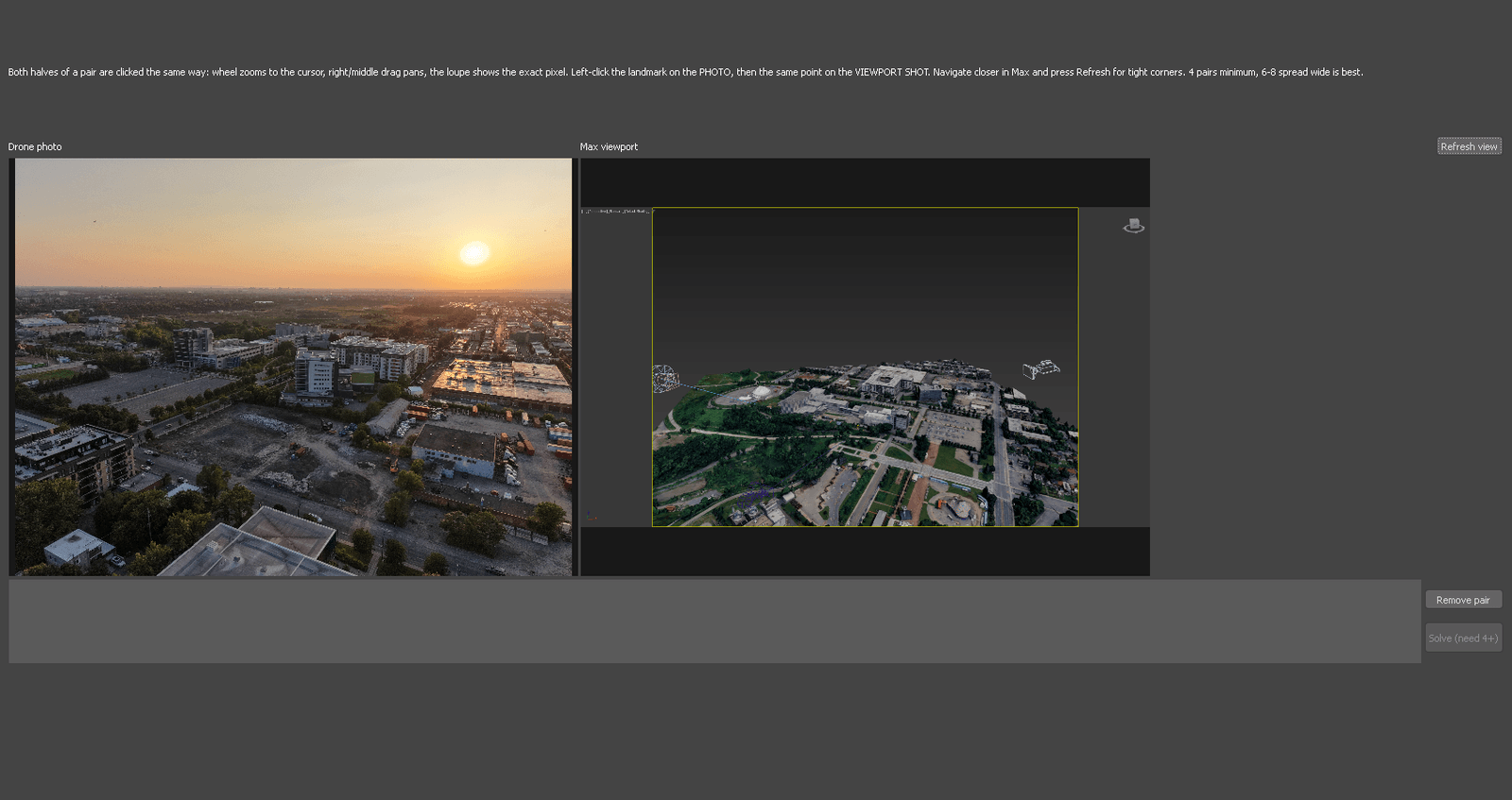 The pixel-perfect refine dialog: the drone photograph on the left, the matching 3ds Max viewport on the right.