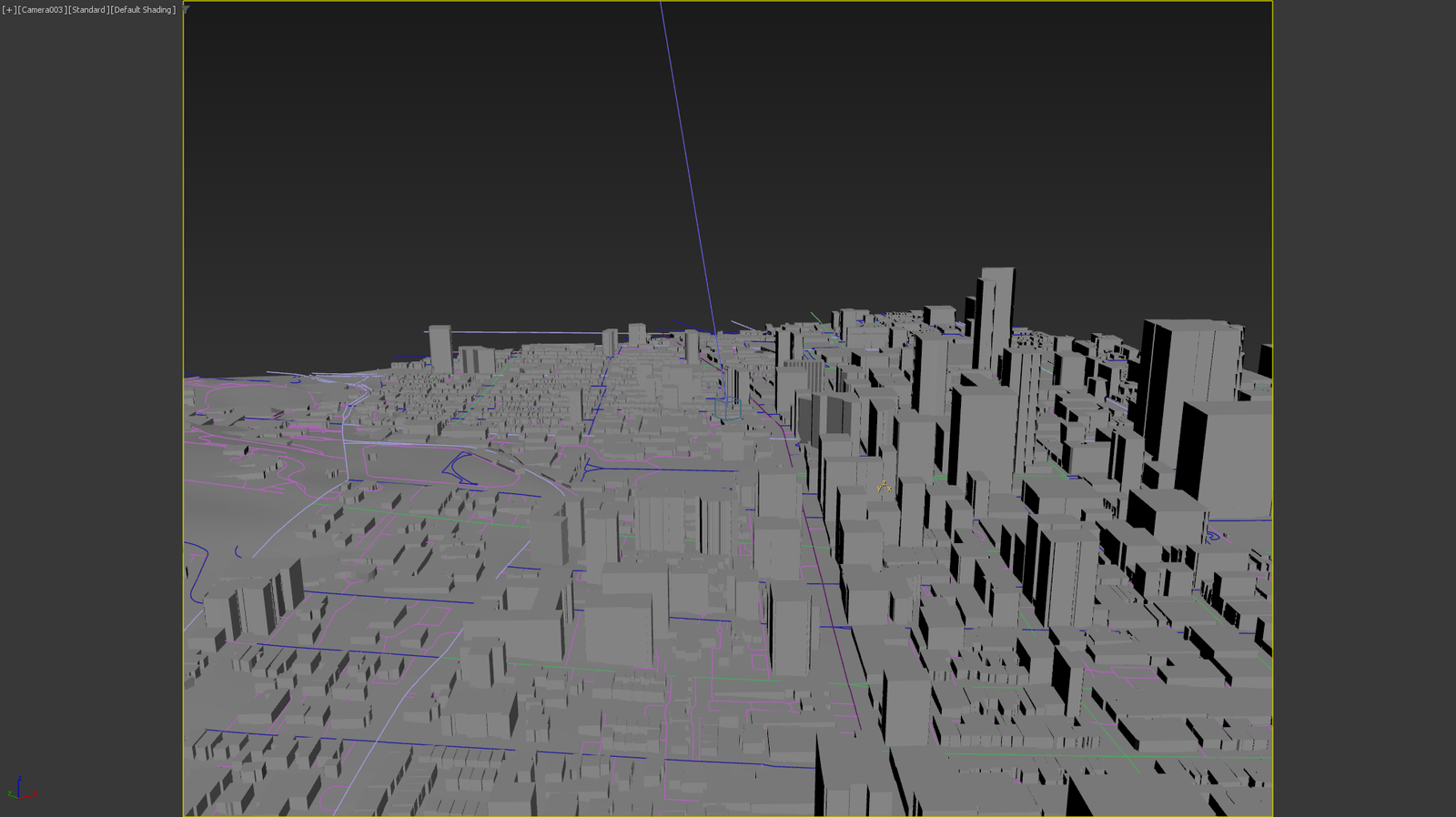 A closer view of the same schematic city import in 3ds Max, showing individual building volumes and the road splines between them.