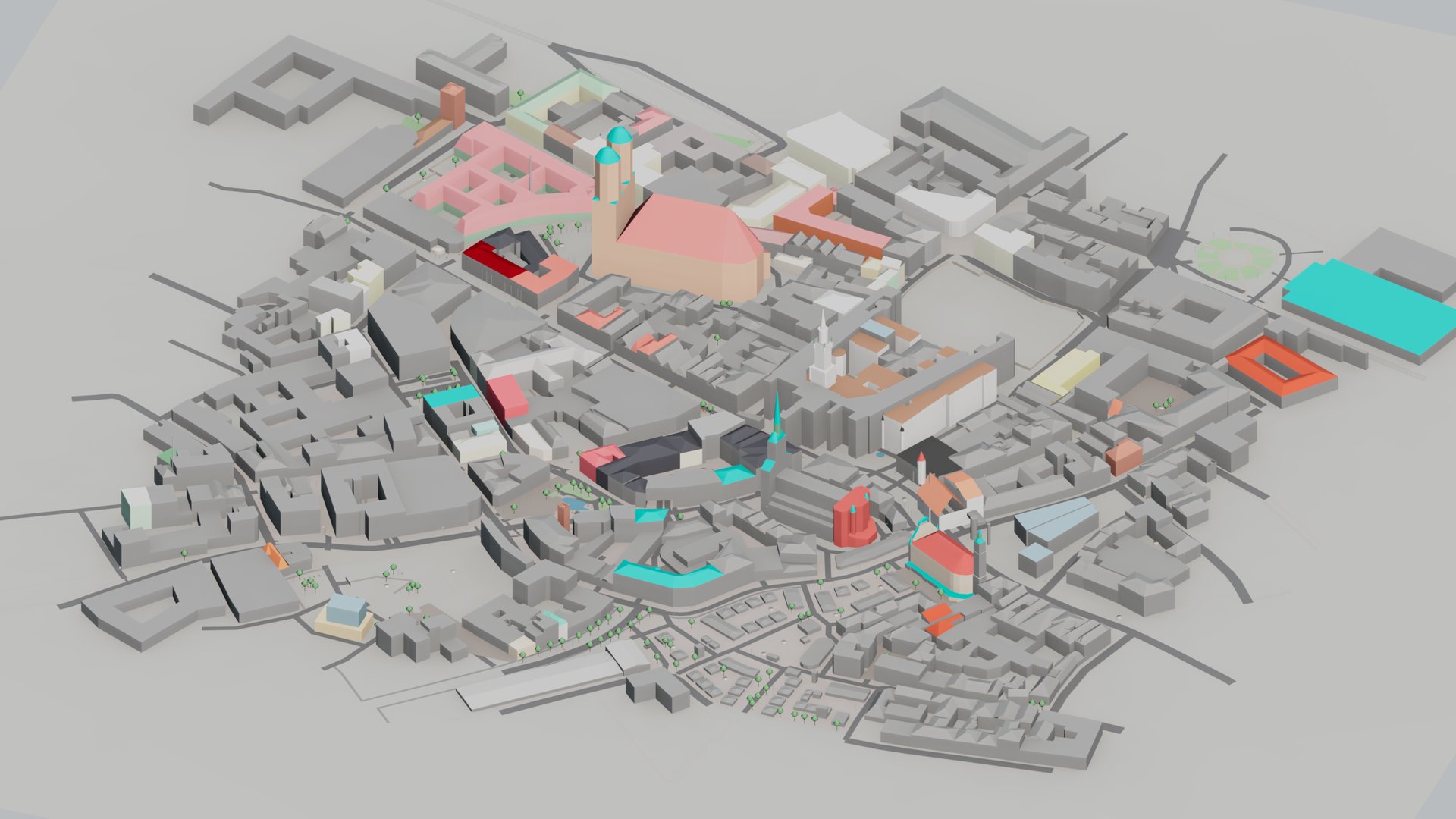 Axonometric view of central Munich built from OpenStreetMap: the Frauenkirche with its two domed towers, the Neues Rathaus, pitched roofs in their mapped colours, streets and trees.