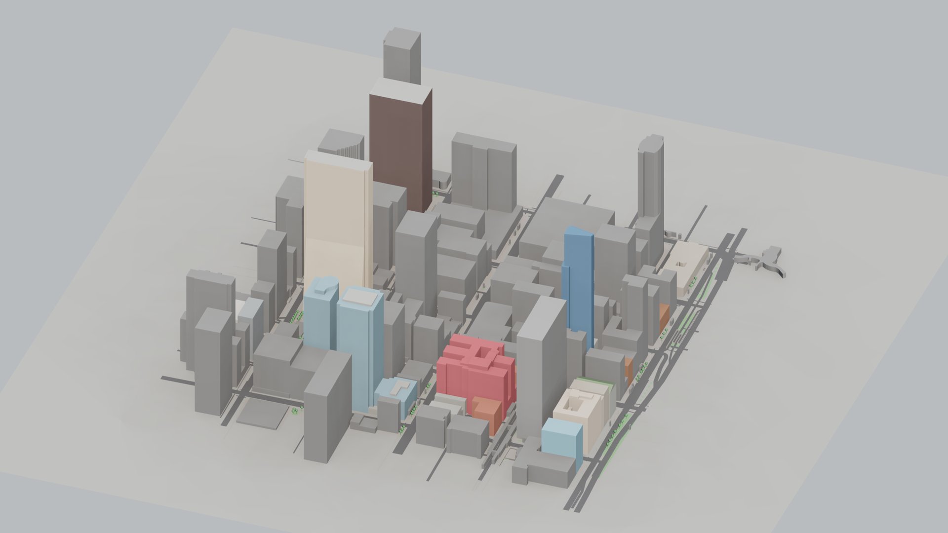Axonometric view of downtown Chicago built from OpenStreetMap: skyscrapers at their mapped heights on a street grid.