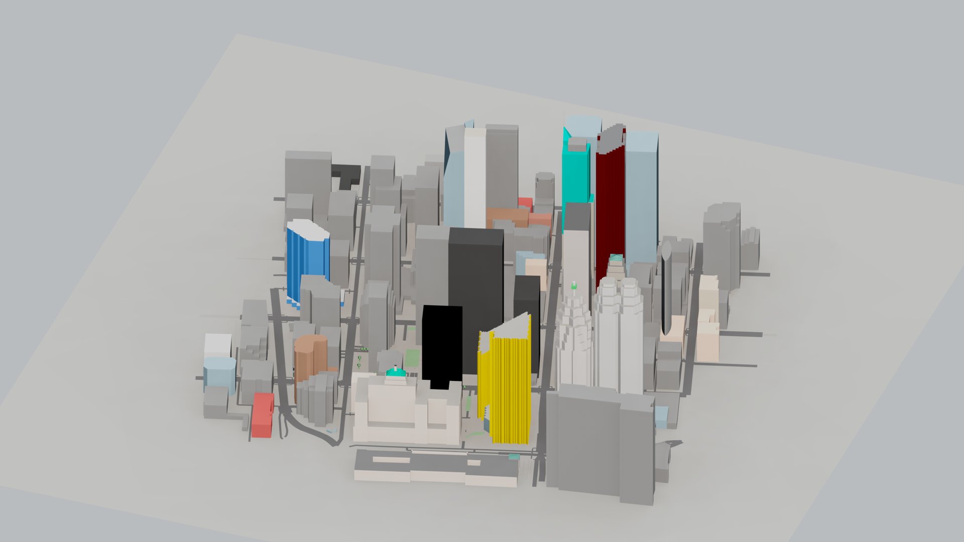 Axonometric view of Toronto's Financial District built from OpenStreetMap: towers built part by part, setbacks and crowns included.