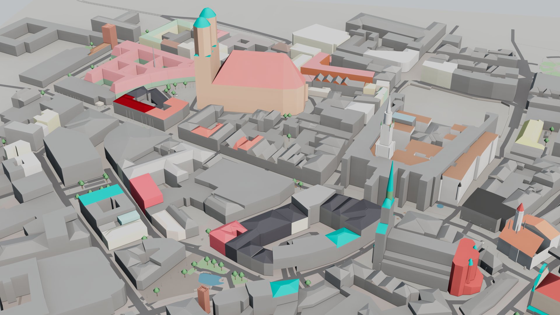 Perspective view over central Munich built from OpenStreetMap, towards the Frauenkirche.