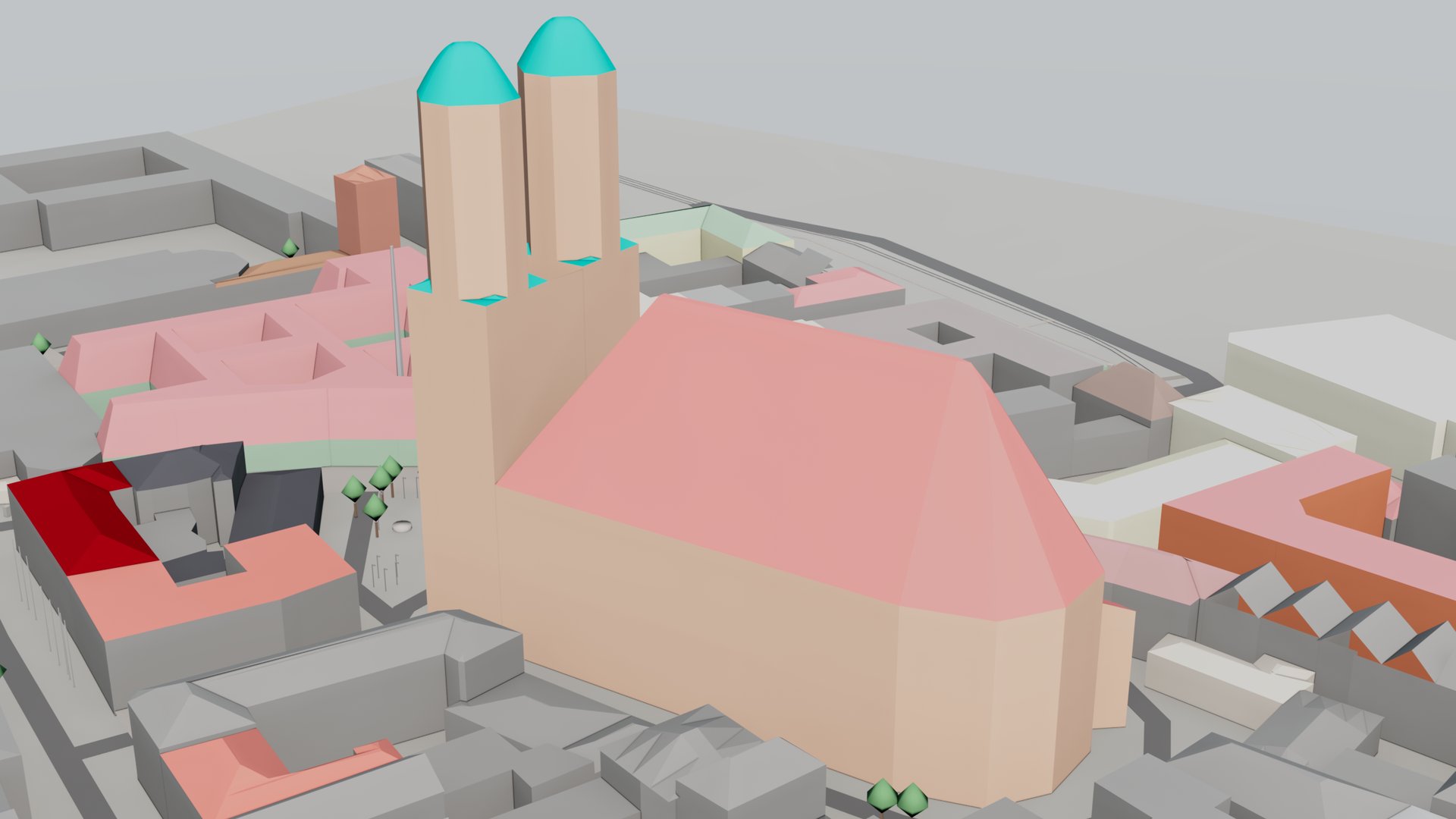 Close perspective of the Frauenkirche in Munich built from OpenStreetMap: two towers with domes and the long hipped roof over the nave and apse.