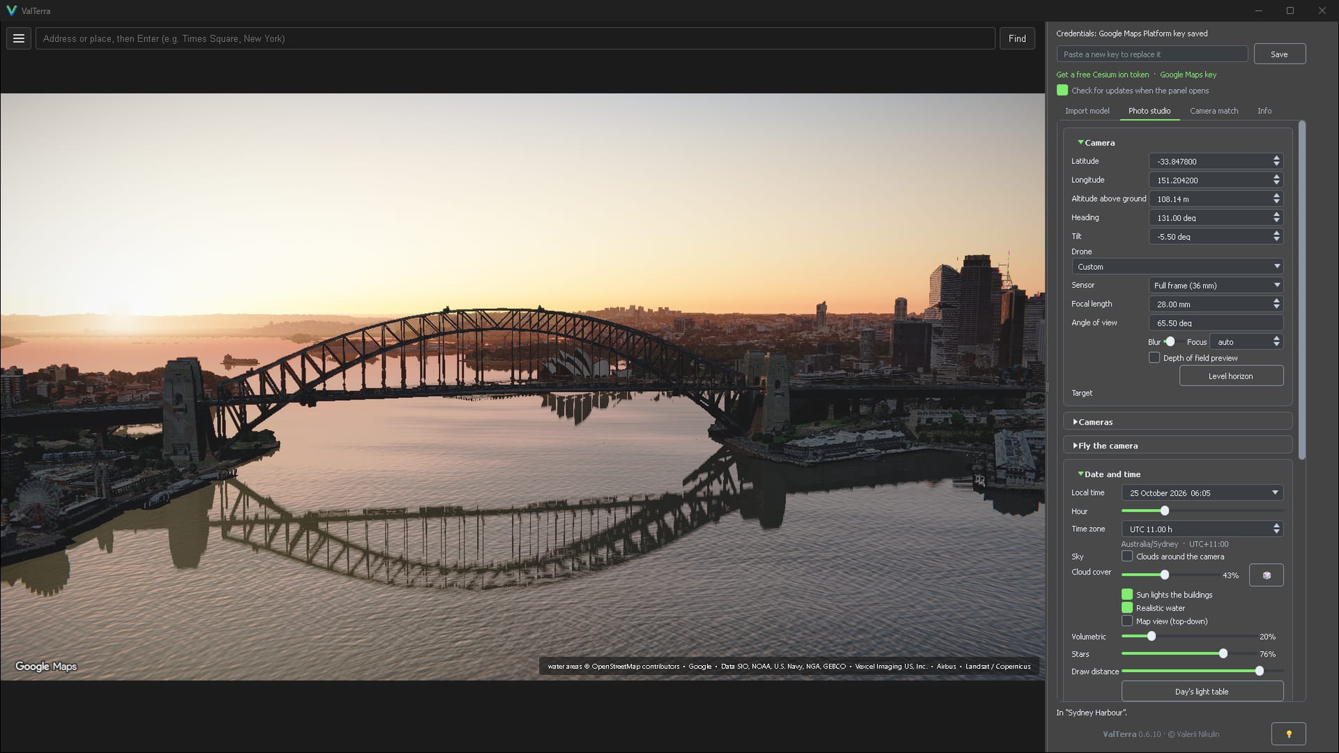 The ValTerra window over Sydney Harbour at 6:05 on 25 October: the Harbour Bridge and its reflection against the sunrise, with the Photo studio panel showing the camera, date and time.