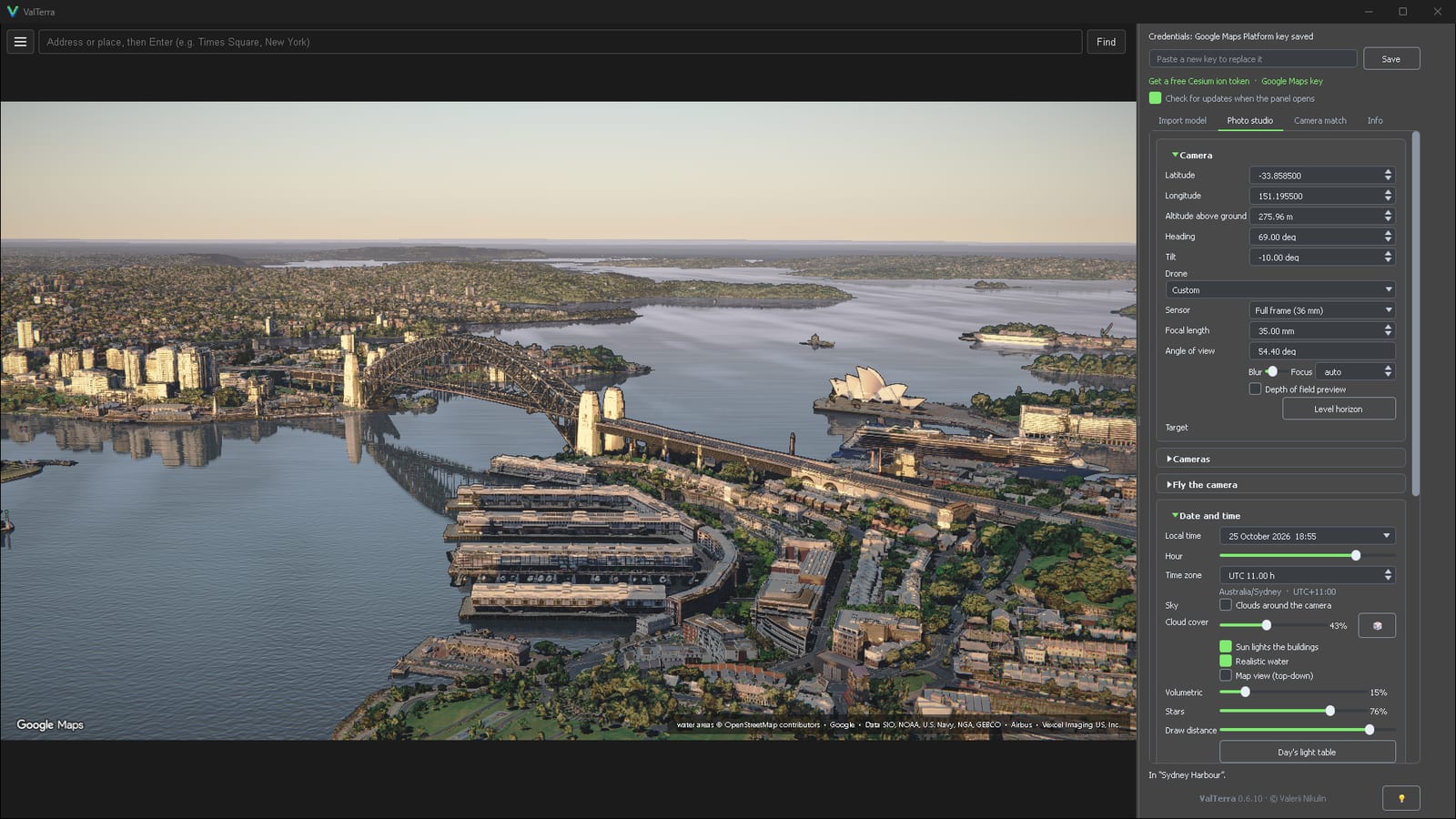Golden hour at 18:55, looking east across Walsh Bay: the Harbour Bridge and the Opera House in low sun from behind the camera.
