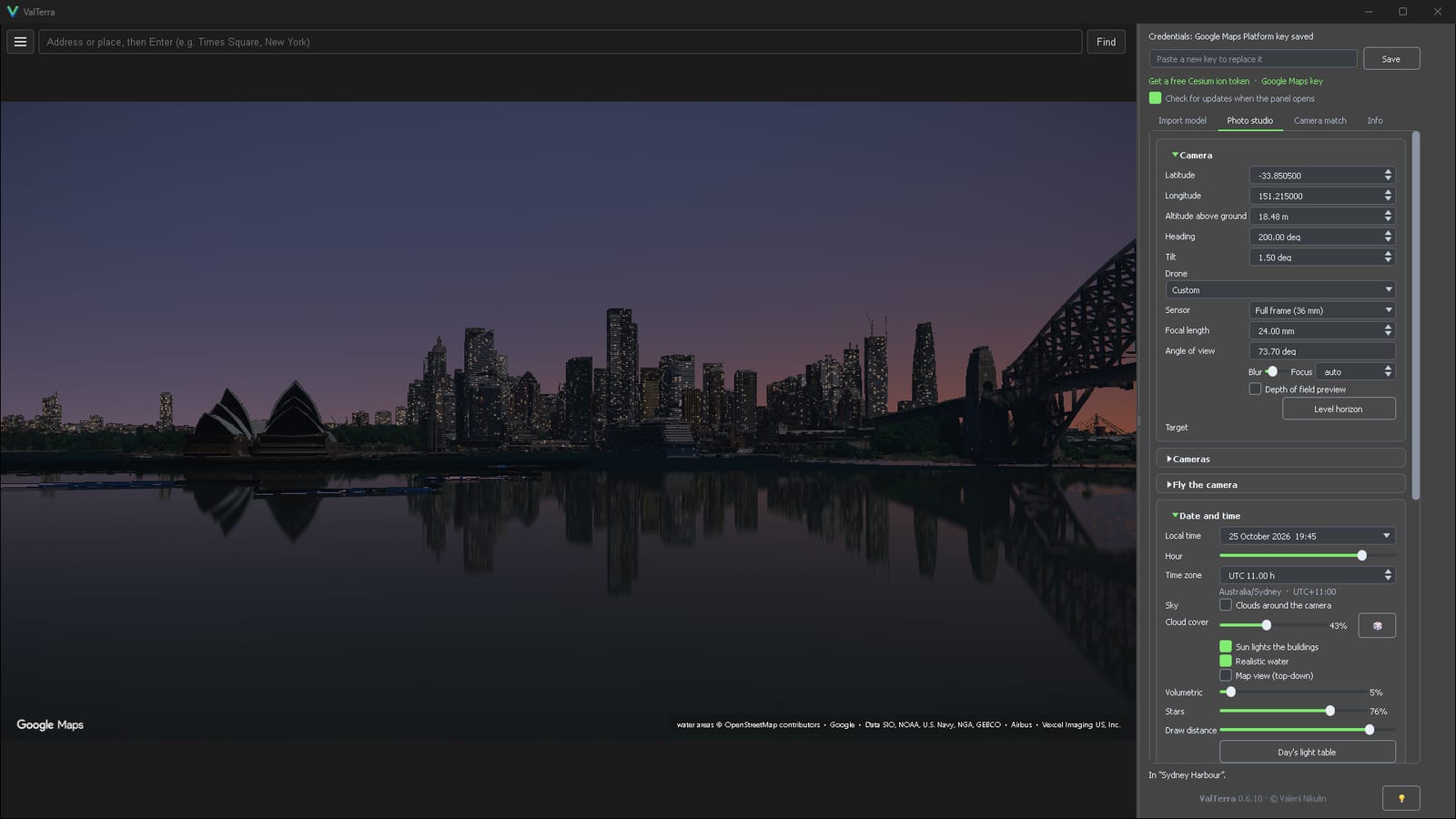 At 19:45, low over the water off Kirribilli: the Opera House, the lit city towers and the bridge arch, all reflected in the harbour.