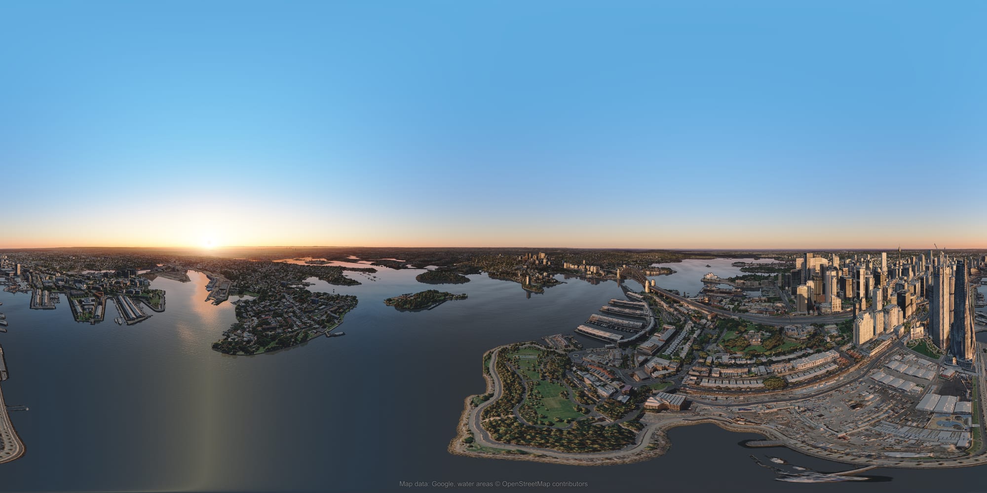 A 360-degree panorama shown flat, from 300 m over the north of Darling Harbour at 19:05 on 25 October: the sun setting in the west with its path on the water, and the Harbour Bridge, the Opera House and the gold-lit towers of Barangaroo and the city to the east.